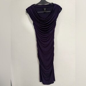 Barneys New York 100% Silk Purple Ruched Cowl Neck Midi Dress XS Draped